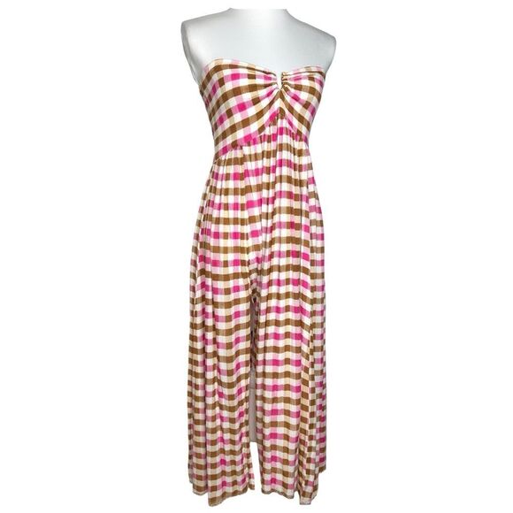 Free People Diana Convertible Dress Skirt M Pink Brown Check Gingham Cottagecore - Picture 4 of 13